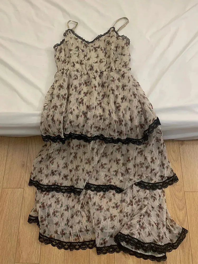 Beach Vacation Print Sundress Fashion A-Line Dress Y2K Streetwear Classical Beige Spaghetti Strap Dress Sleeveless Temperament