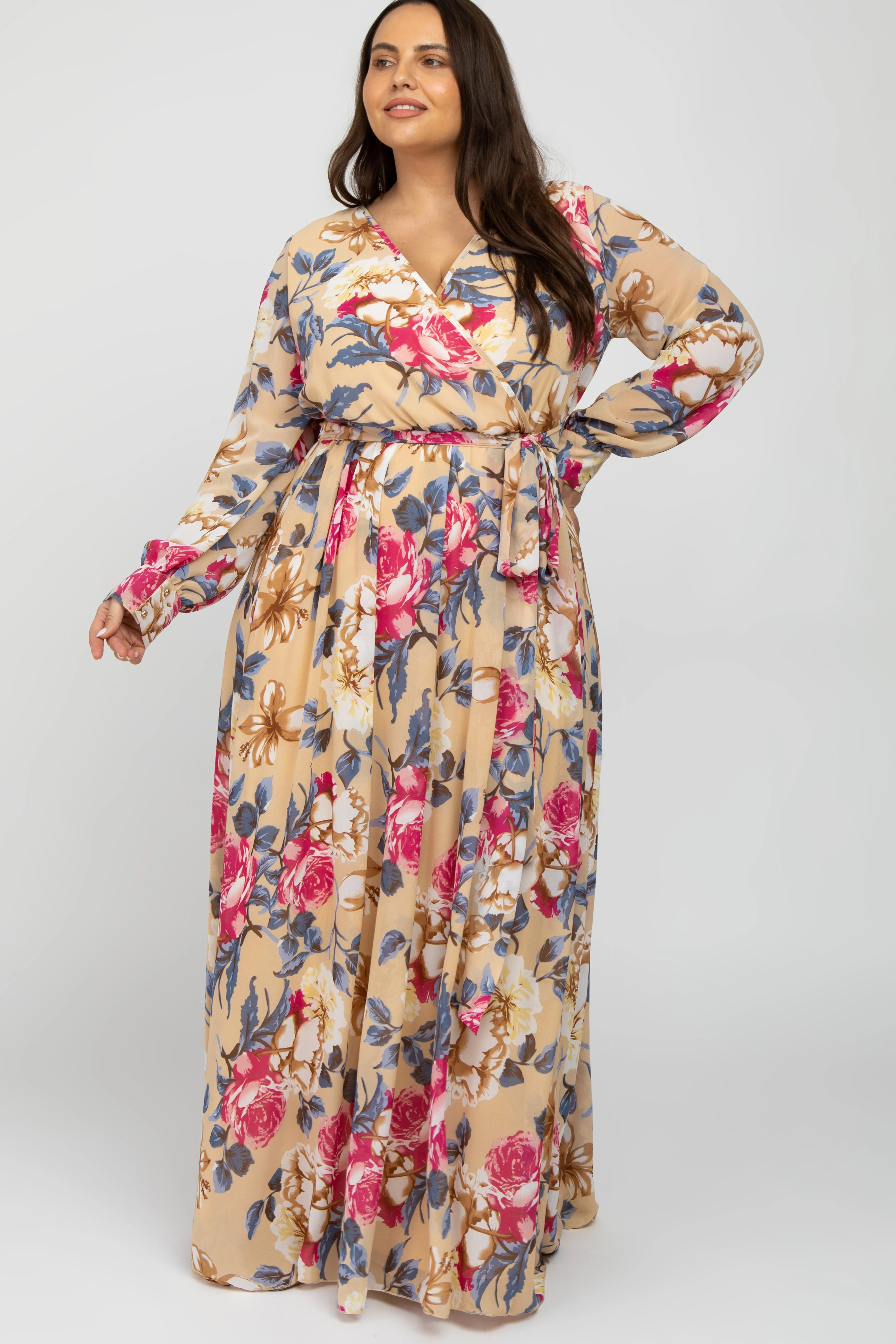 Beige Floral Chiffon Maternity Plus Maxi Dress