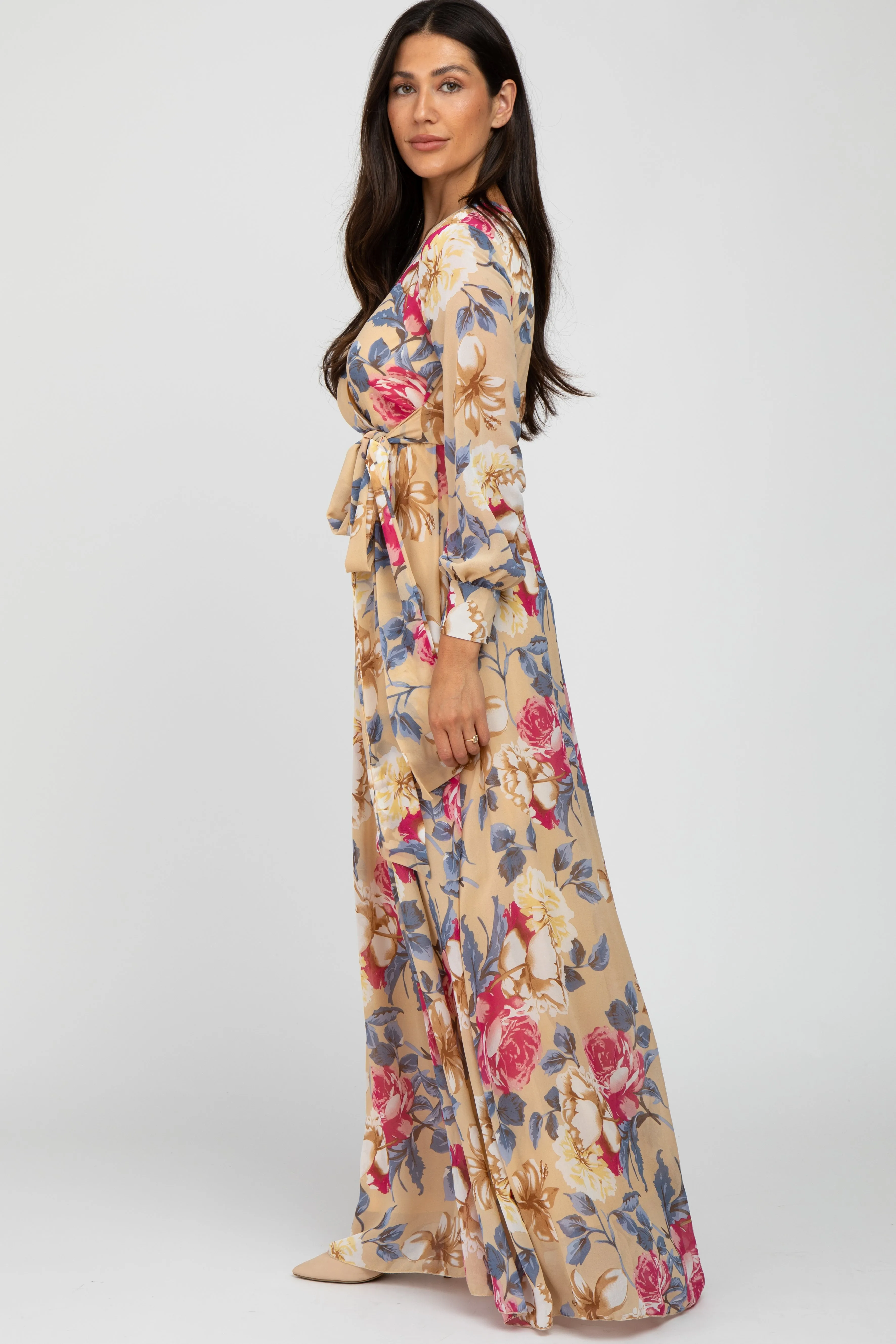 Beige Floral Chiffon Maxi Dress