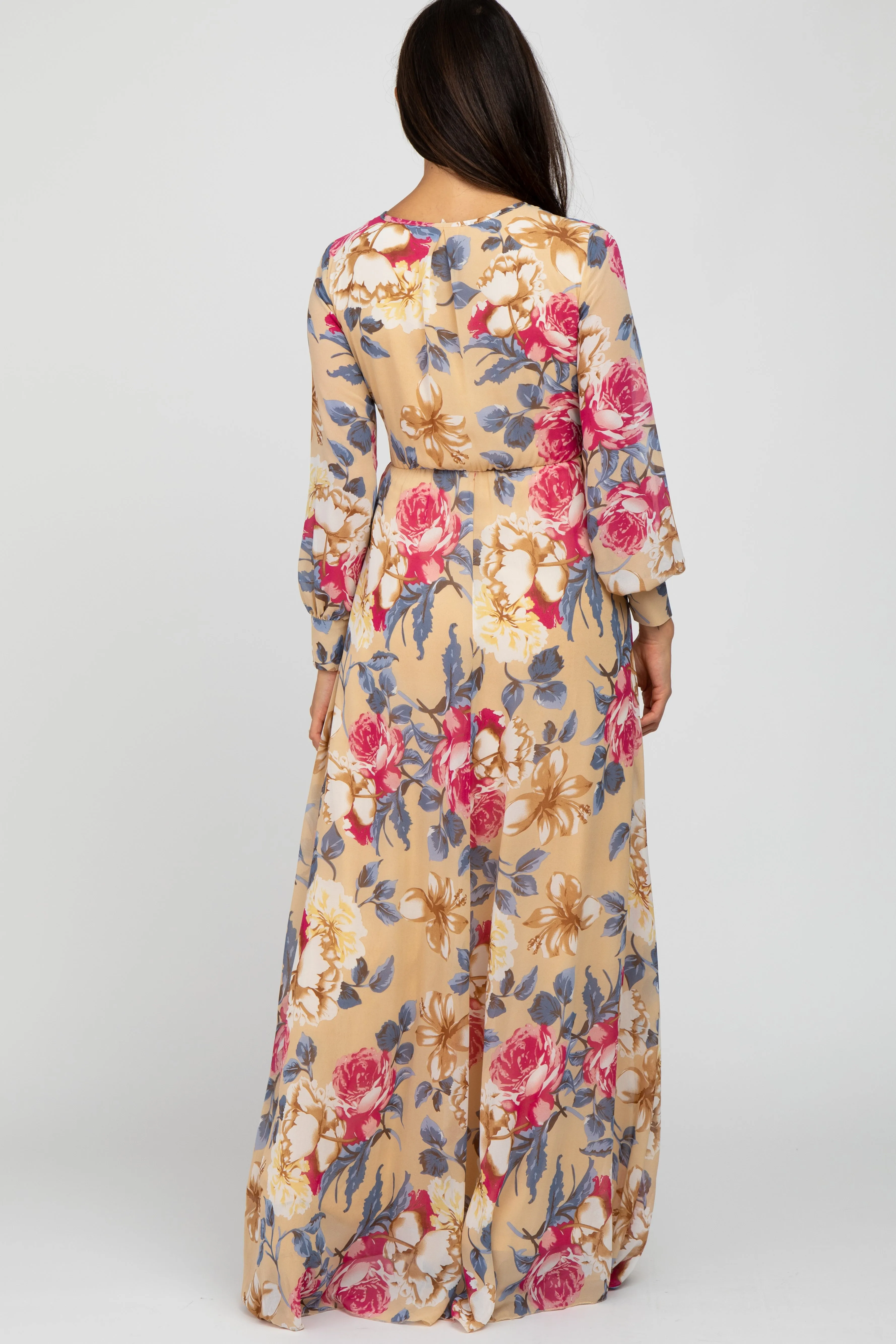 Beige Floral Chiffon Maxi Dress