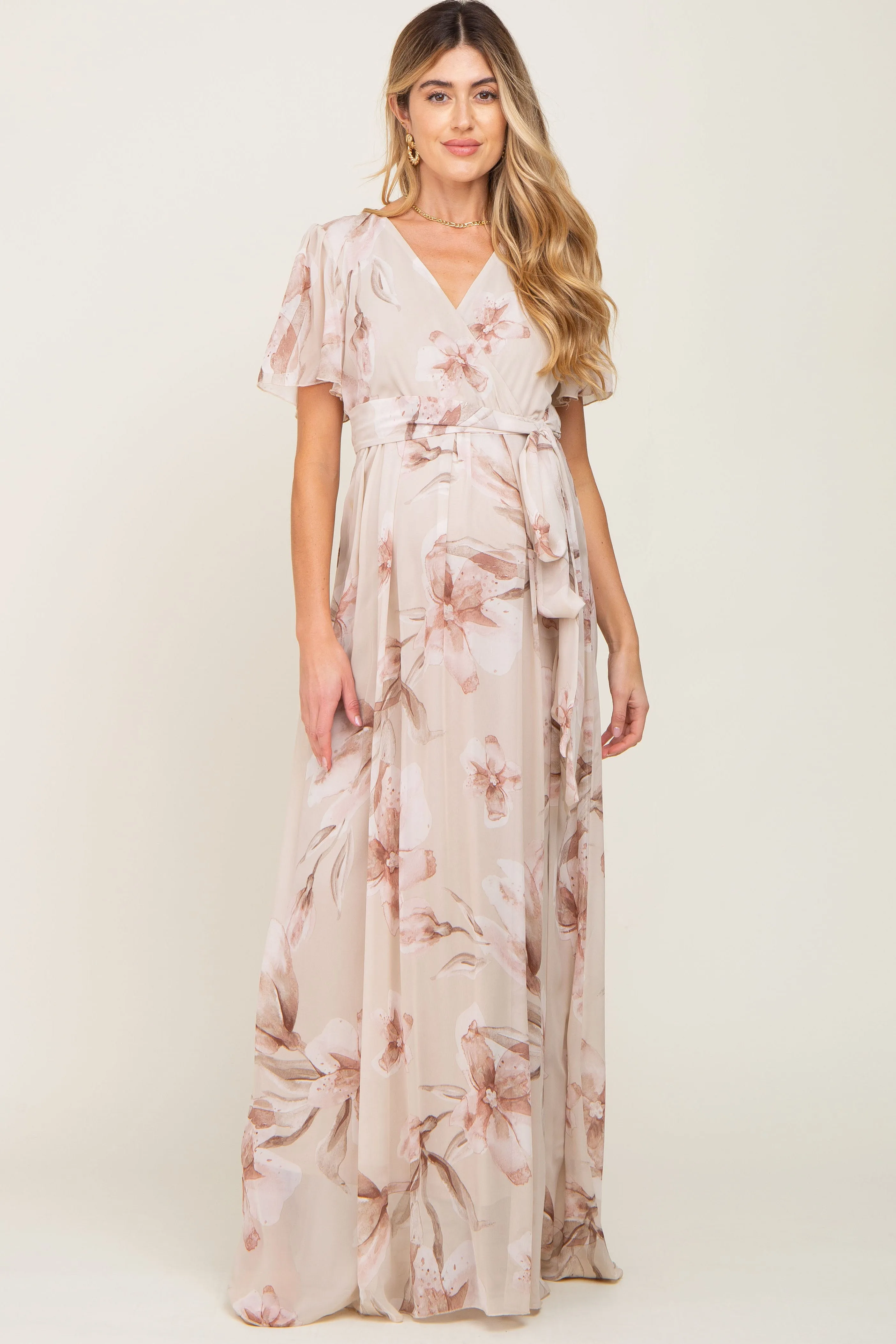 Beige Floral Chiffon Wrap Front Short Sleeve Maternity Maxi Dress