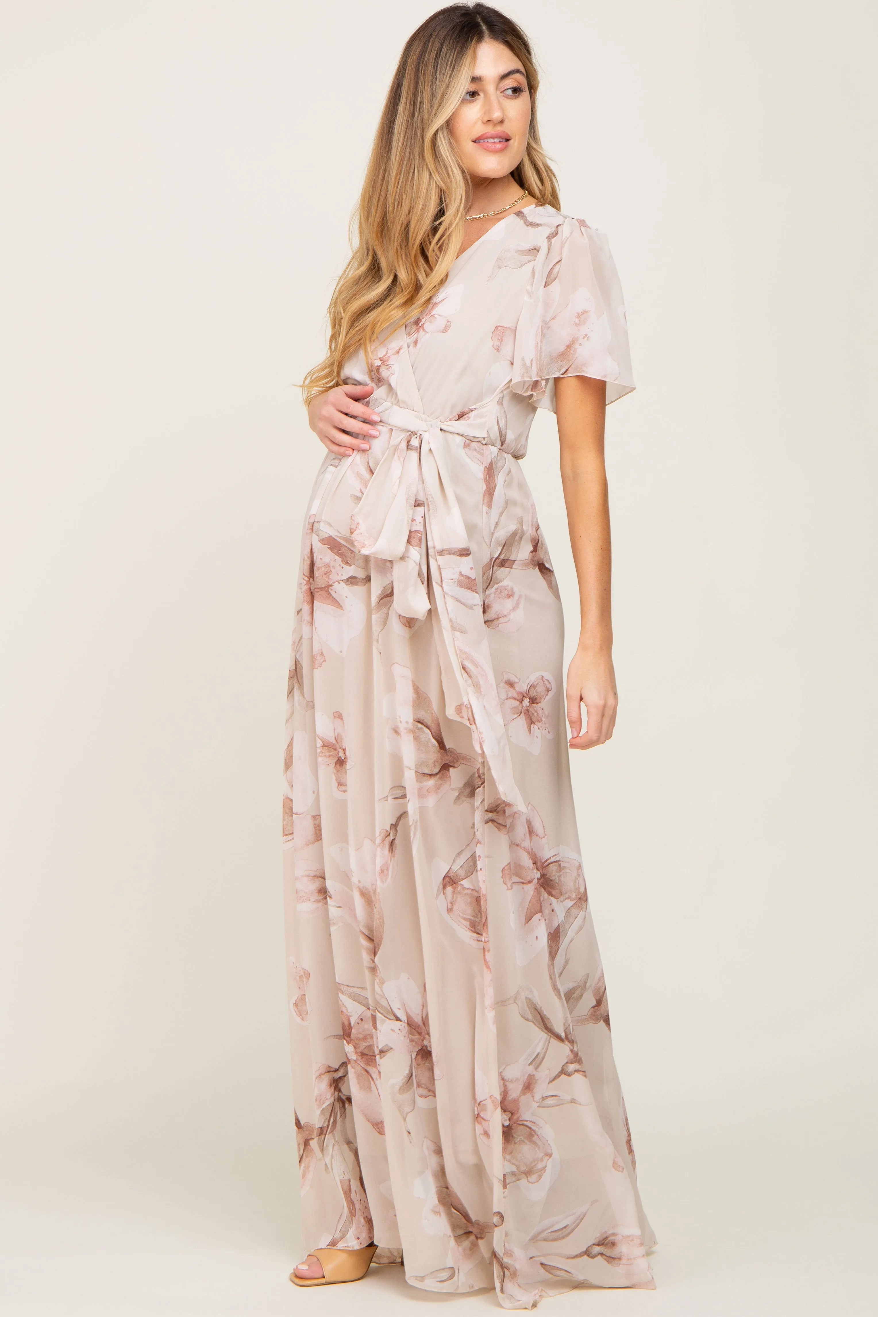 Beige Floral Chiffon Wrap Front Short Sleeve Maternity Maxi Dress