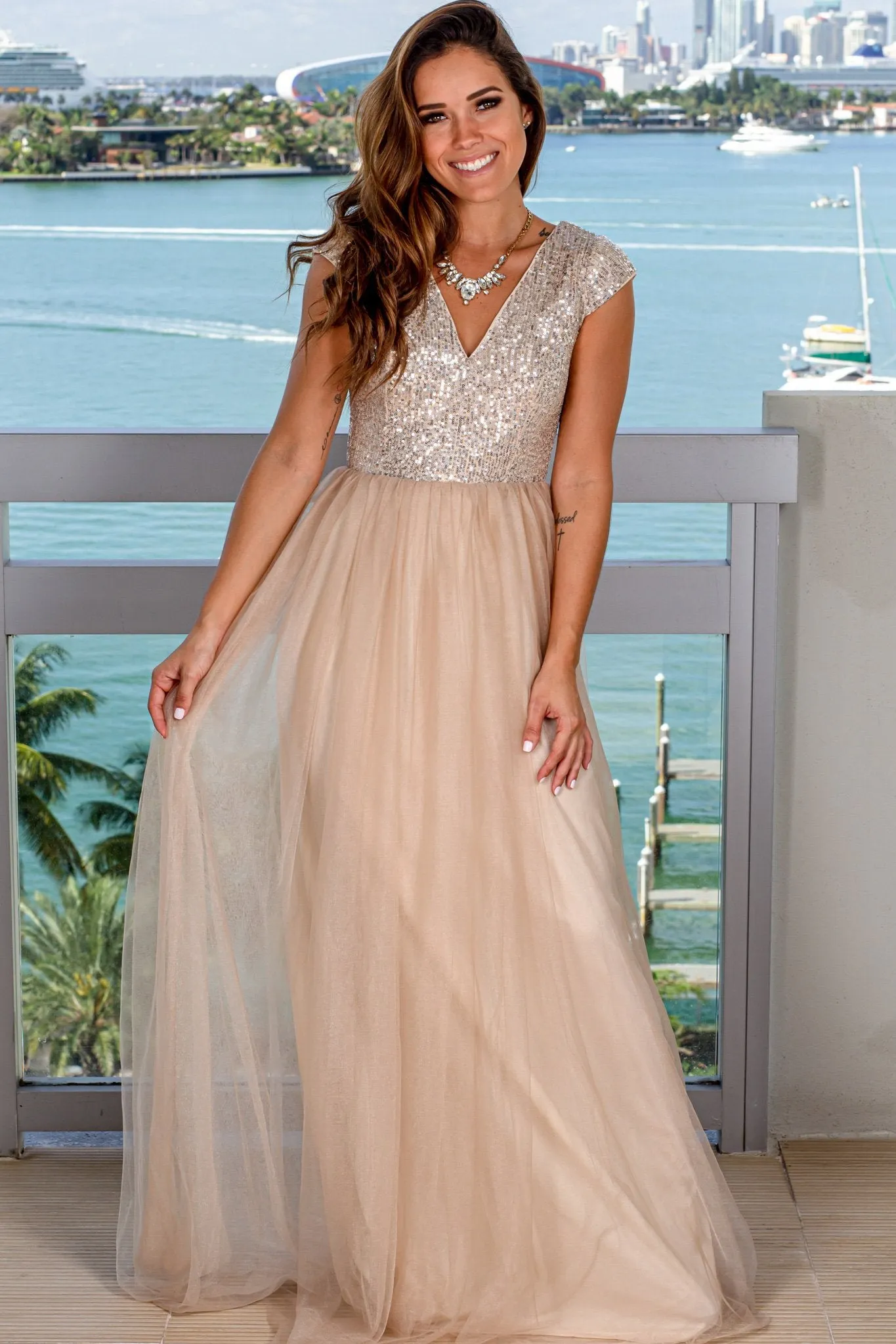 Beige Sequin Top Maxi Dress