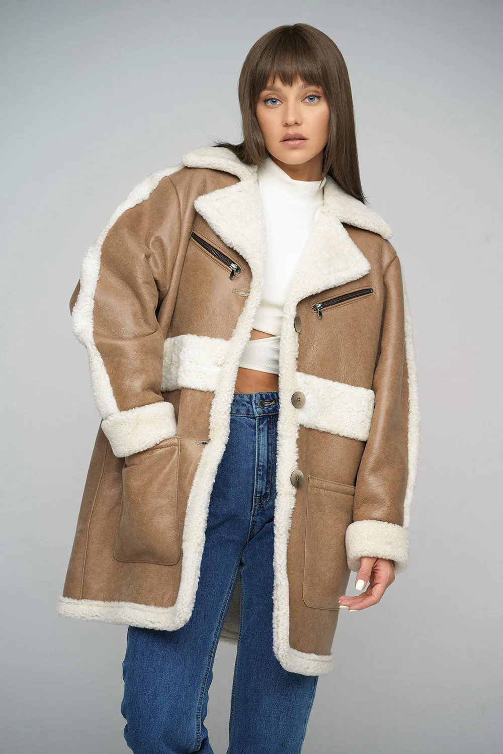 Beige Sheepskin Bomber Jacket