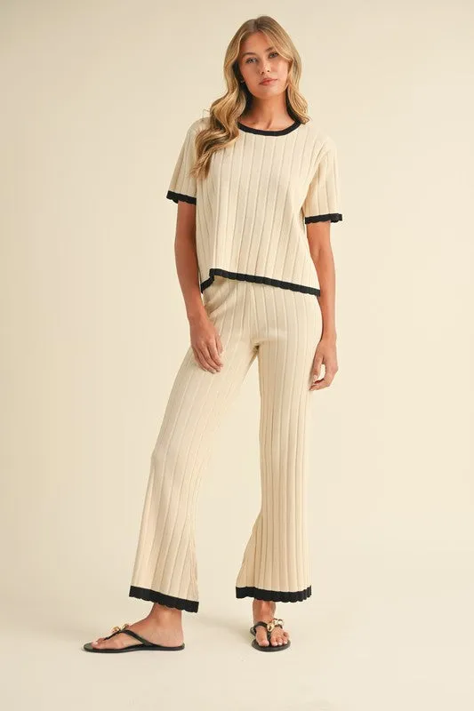 Belle Short Sleeve Ribbed Sweater Top And Pants Set Cream