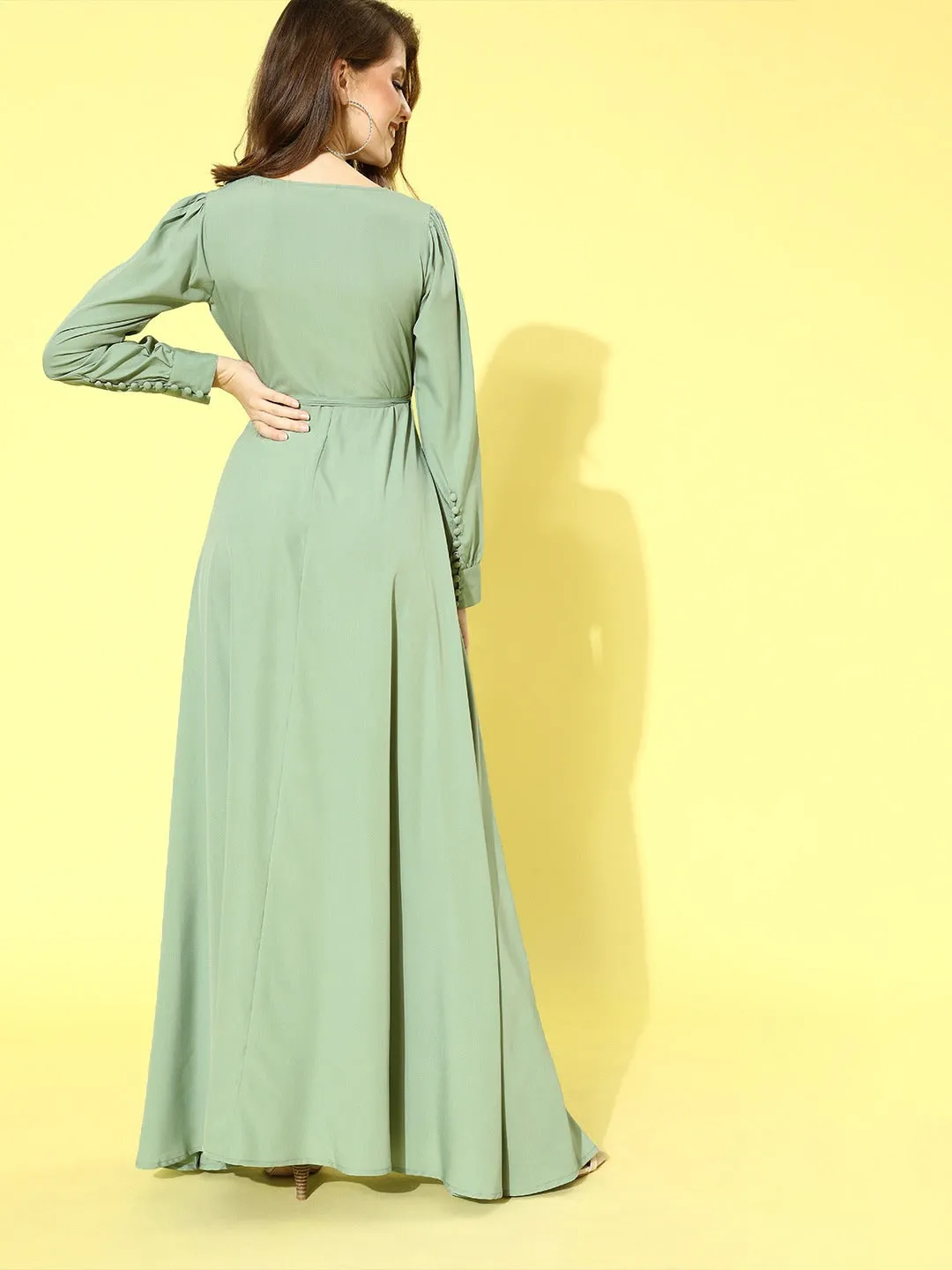 Berrylush Women Solid Green V-Neck Tie-Up Wrap Maxi Dress