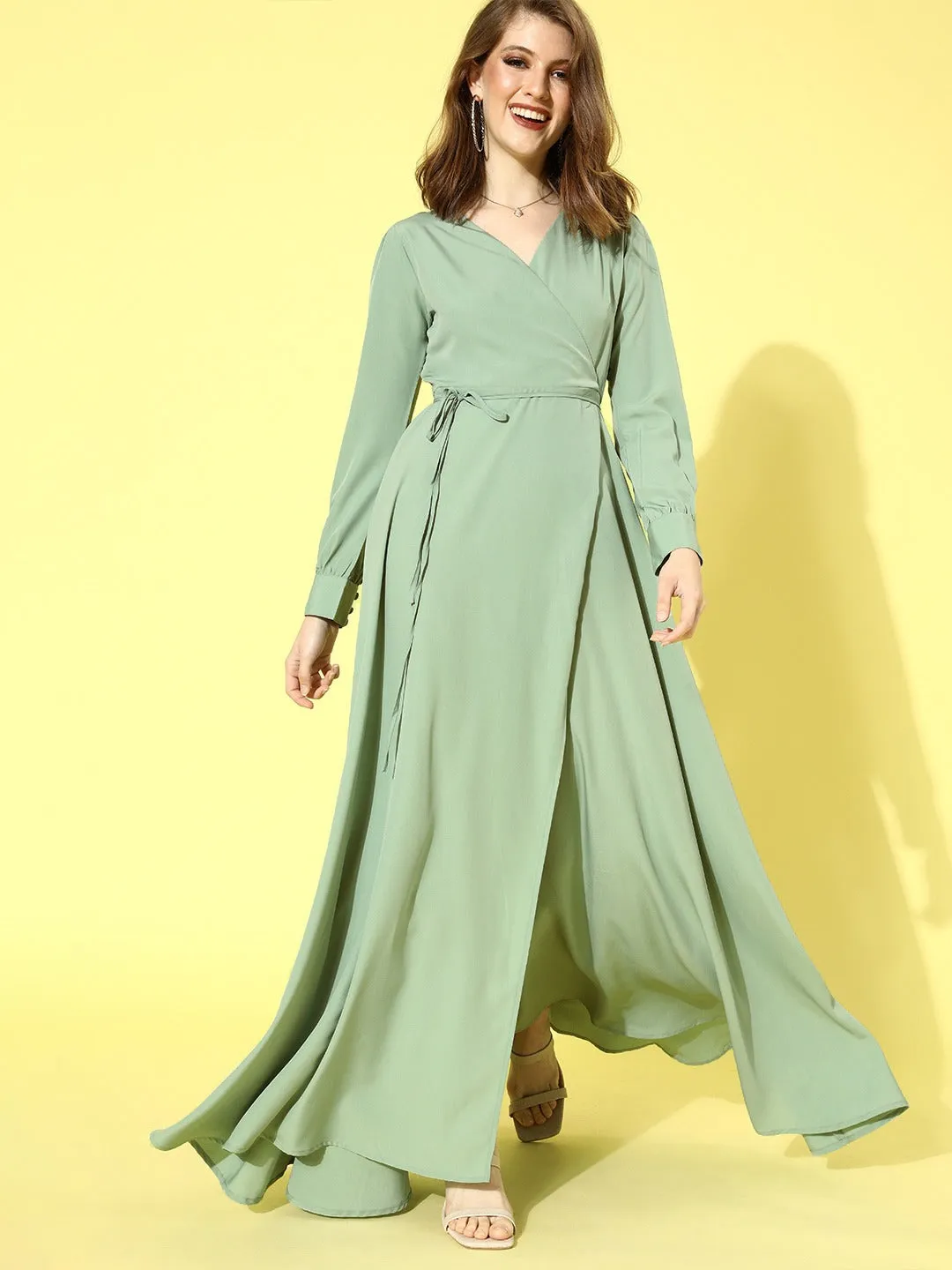 Berrylush Women Solid Green V-Neck Tie-Up Wrap Maxi Dress