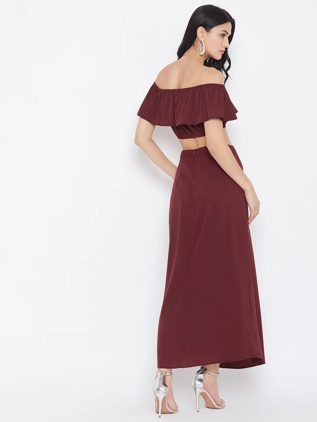 Berrylush Women Solid Maroon Off-Shoulder Co-Ord Maxi Dress