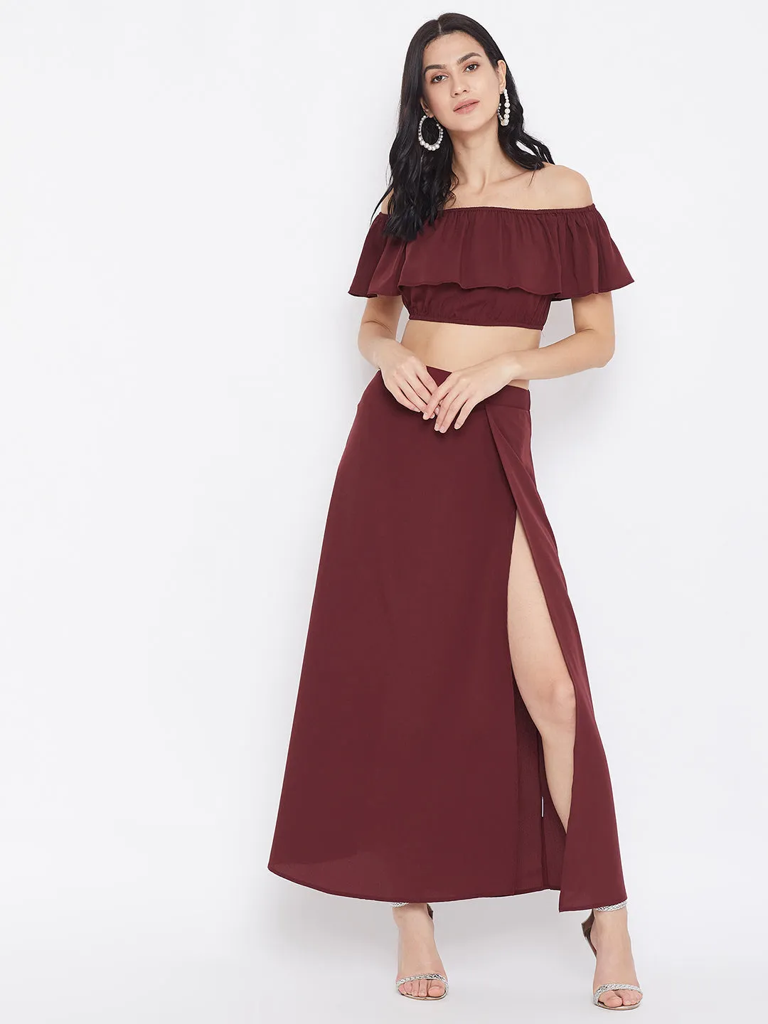 Berrylush Women Solid Maroon Off-Shoulder Co-Ord Maxi Dress