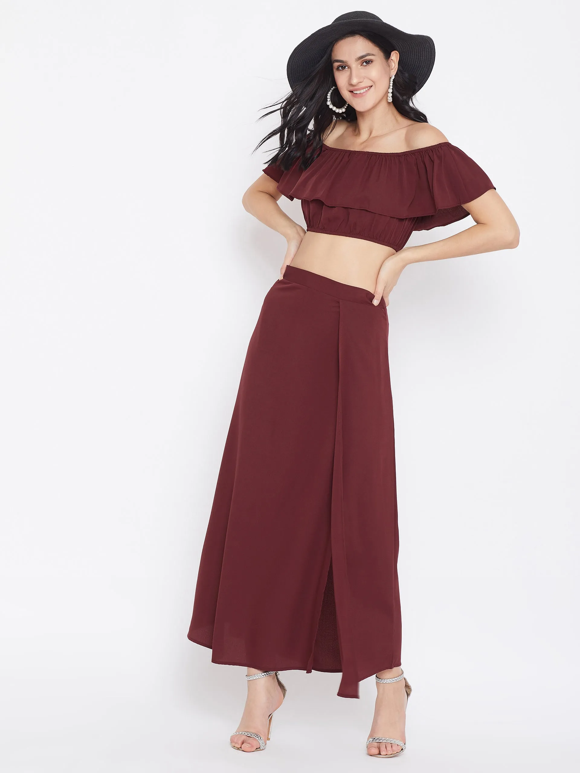 Berrylush Women Solid Maroon Off-Shoulder Co-Ord Maxi Dress