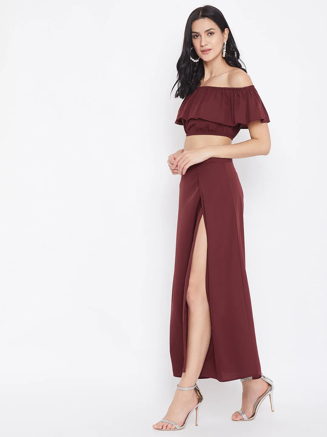 Berrylush Women Solid Maroon Off-Shoulder Co-Ord Maxi Dress