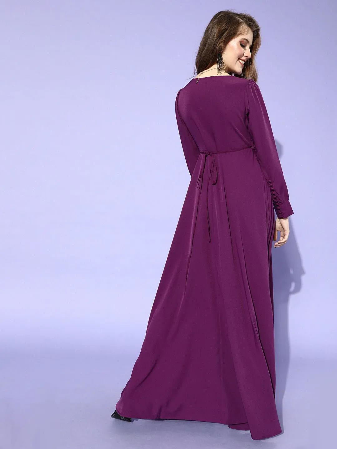 Berrylush Women Solid Purple Cuffed Sleeves Slit Wrap Maxi Dress