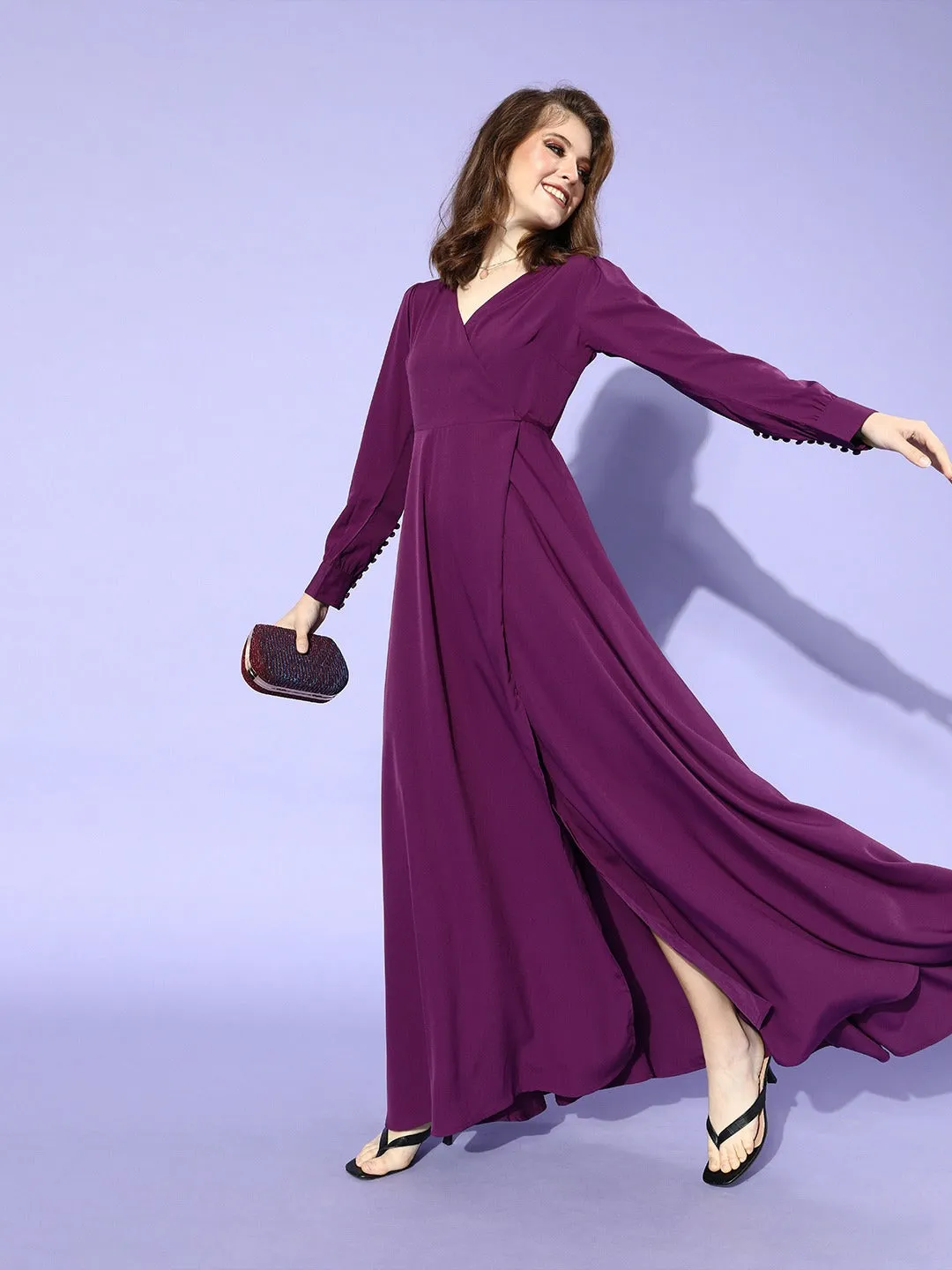 Berrylush Women Solid Purple Cuffed Sleeves Slit Wrap Maxi Dress