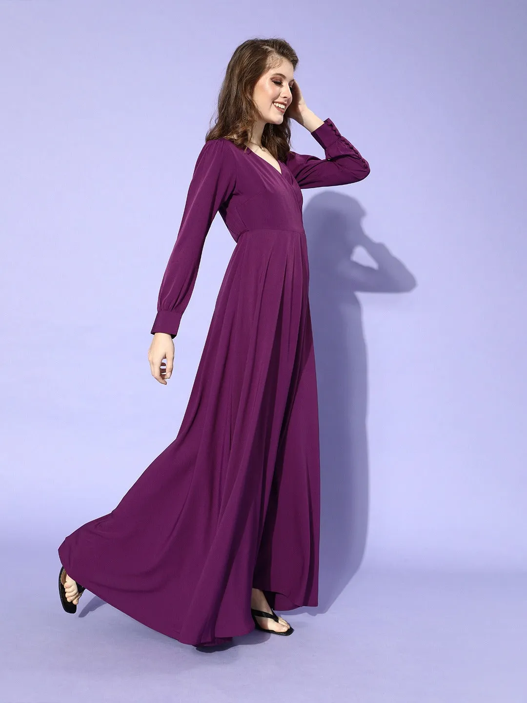 Berrylush Women Solid Purple Cuffed Sleeves Slit Wrap Maxi Dress