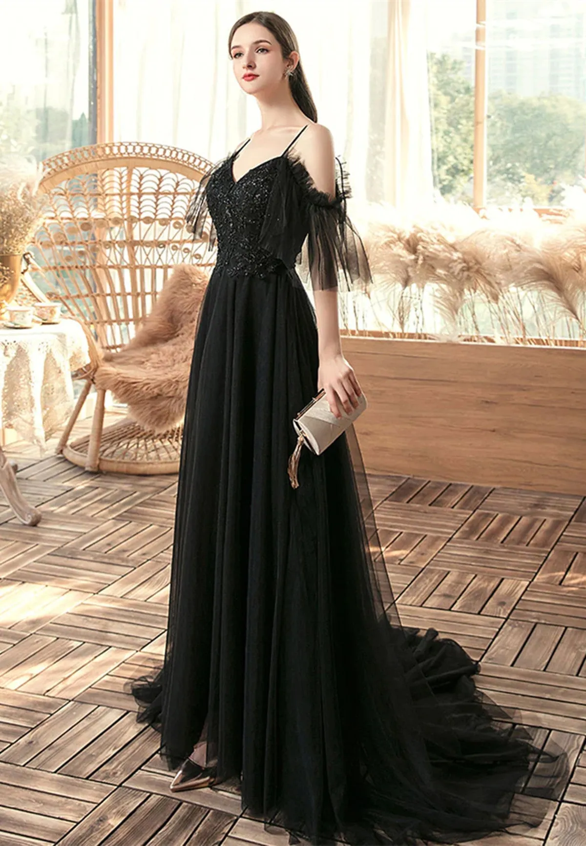 Black A-line Off Shoulder Tulle Beaded Prom Dress, Black Long Evening Dress