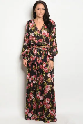 Black and Pink Floral Chiffon Plus Size Top and Maxi Skirt Set