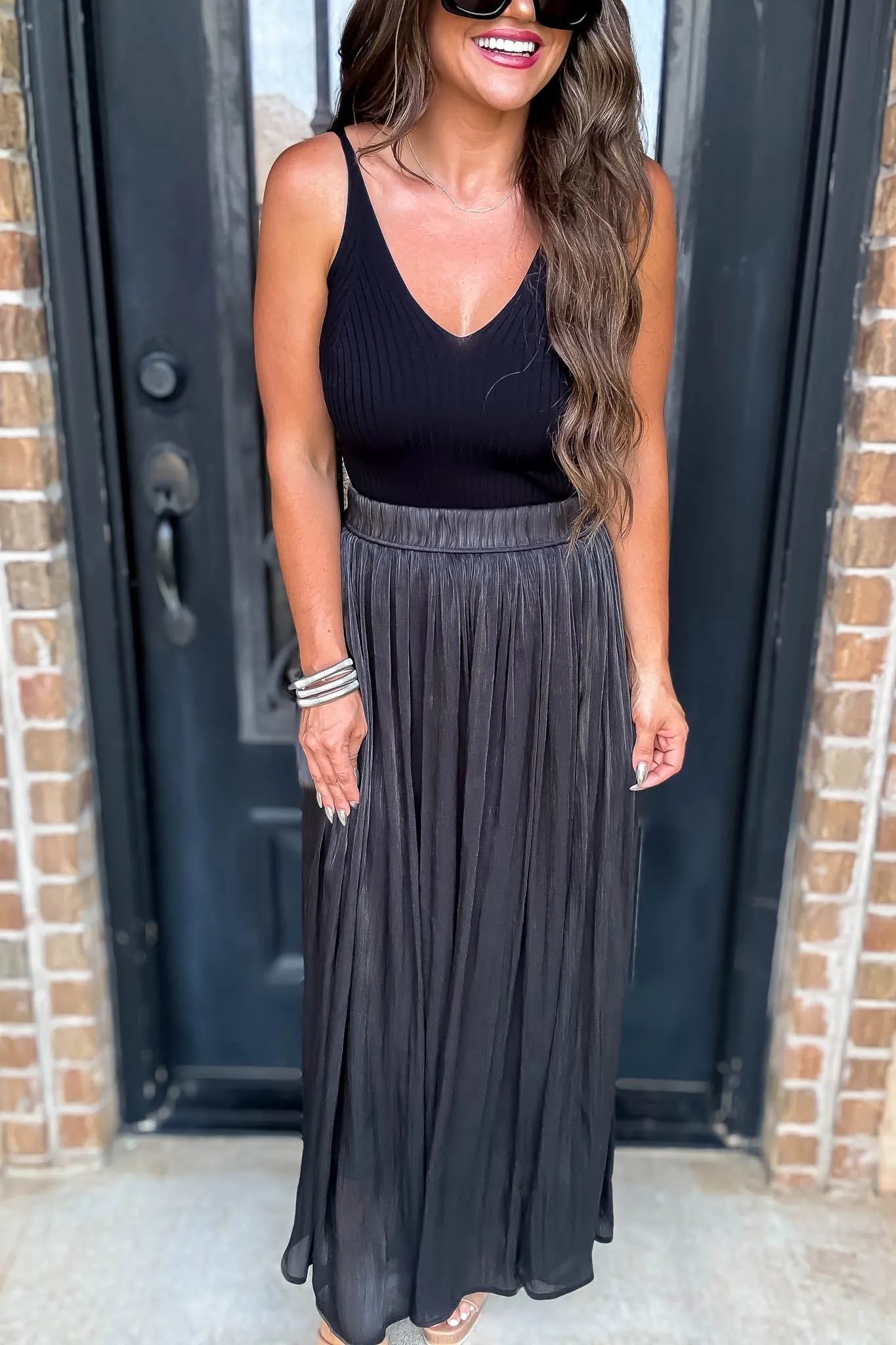 Black Crinkle-Plisse Silky Maxi Skirt