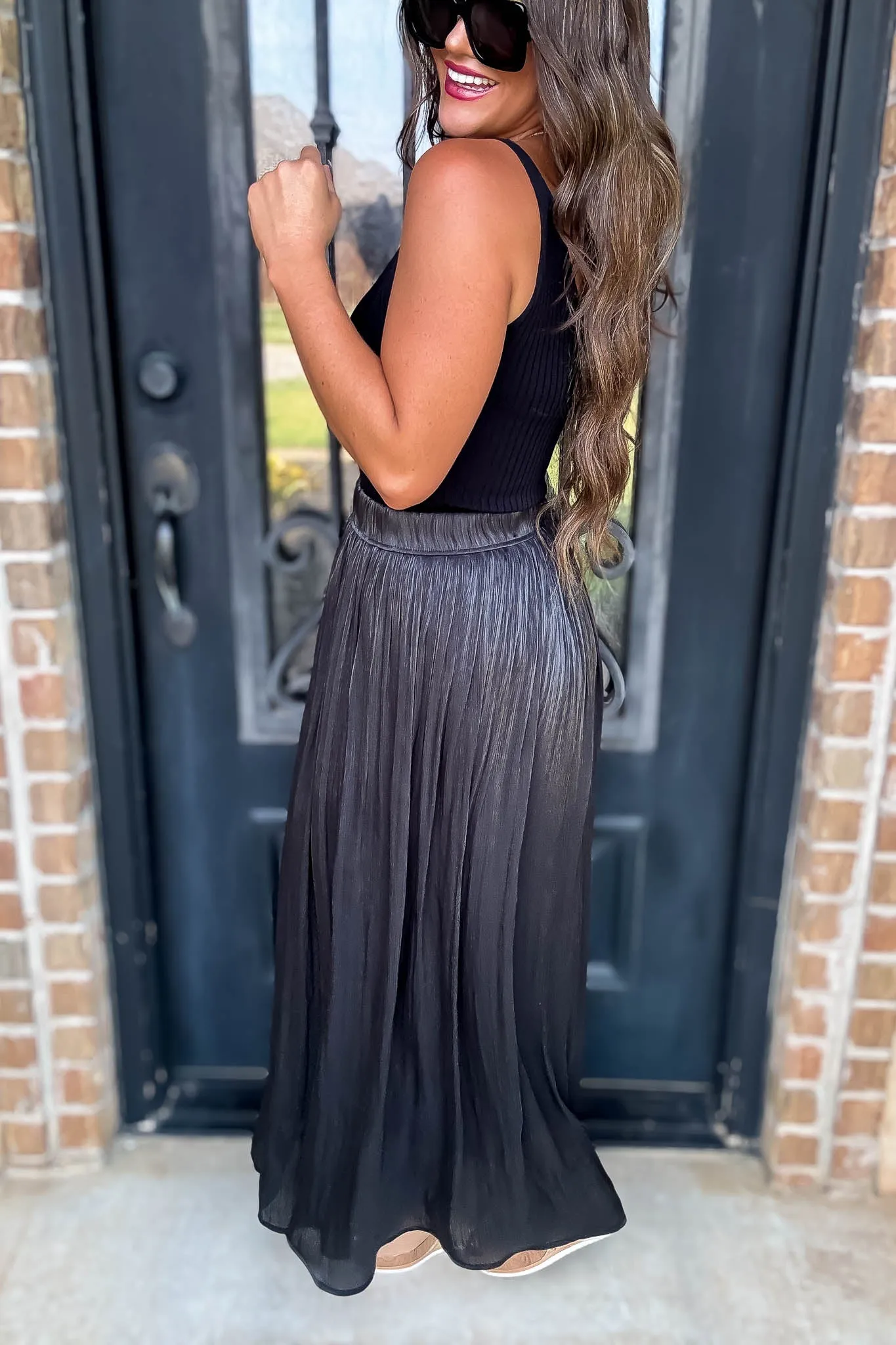 Black Crinkle-Plisse Silky Maxi Skirt