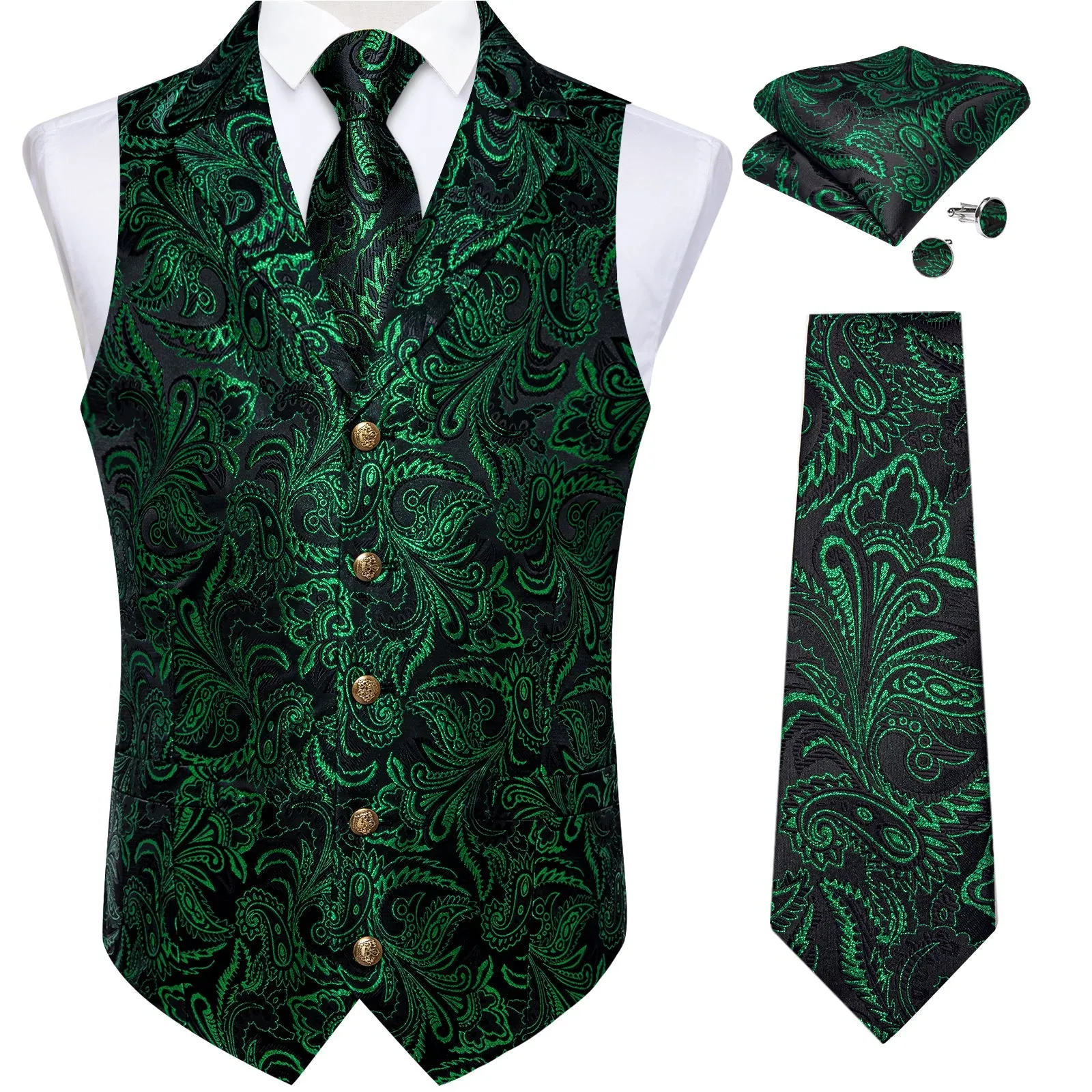 Black DarkGreen Paisley Men's Collar Vest Tie Hanky Cufflinks Set Waistcoat Suit Set