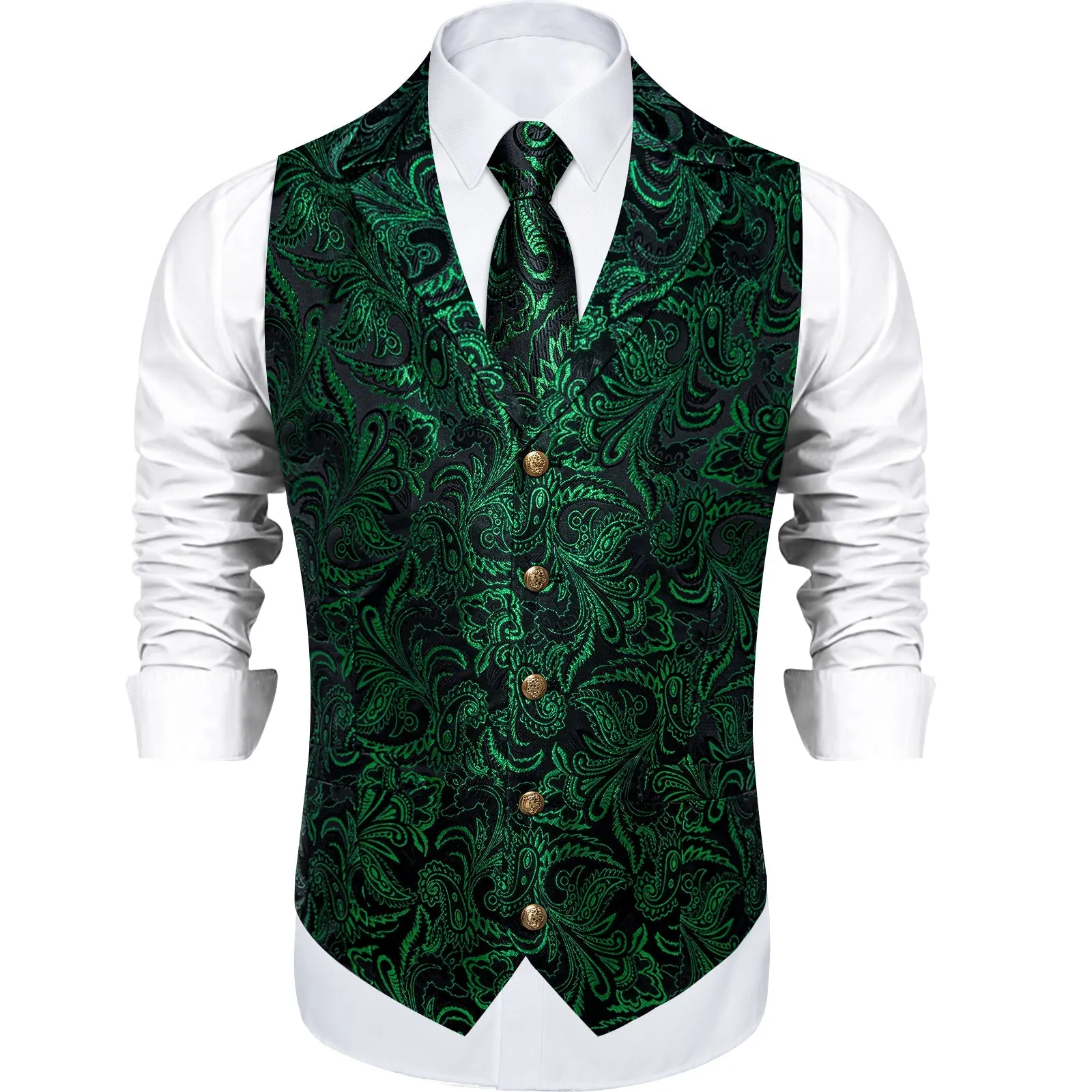 Black DarkGreen Paisley Men's Collar Vest Tie Hanky Cufflinks Set Waistcoat Suit Set