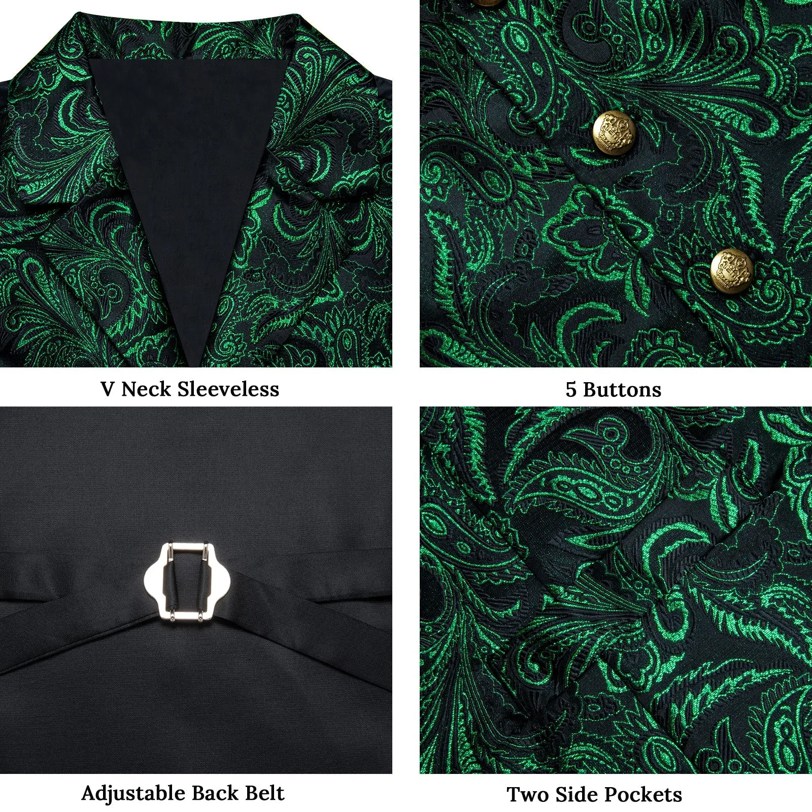 Black DarkGreen Paisley Men's Collar Vest Tie Hanky Cufflinks Set Waistcoat Suit Set