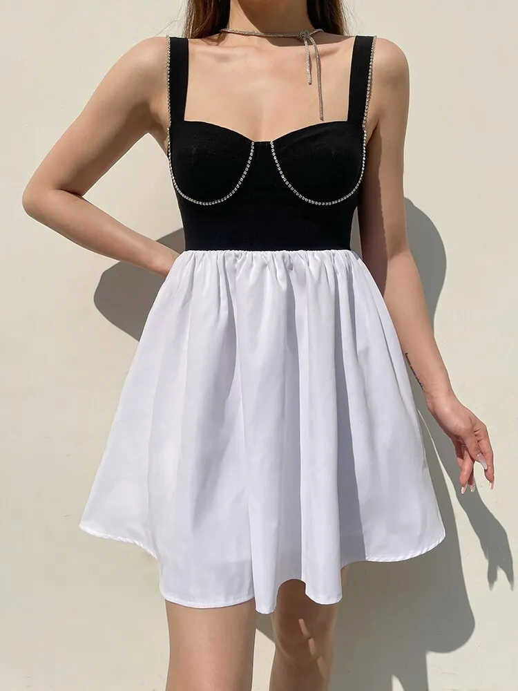 Black Diamonds Patchwork A-Line Strap Dress