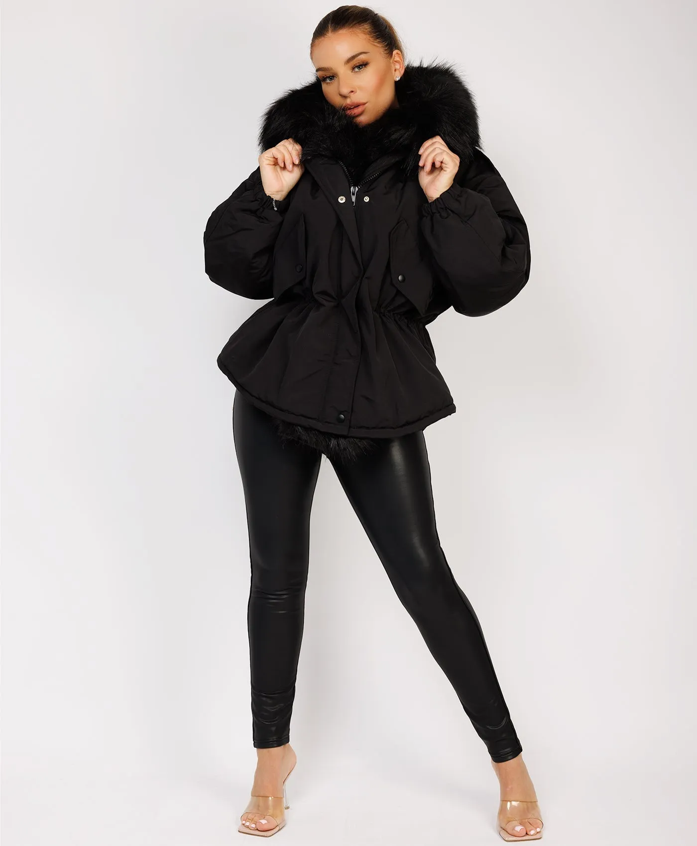 Black Faux Fur Trim Oversized Hooded Jacket