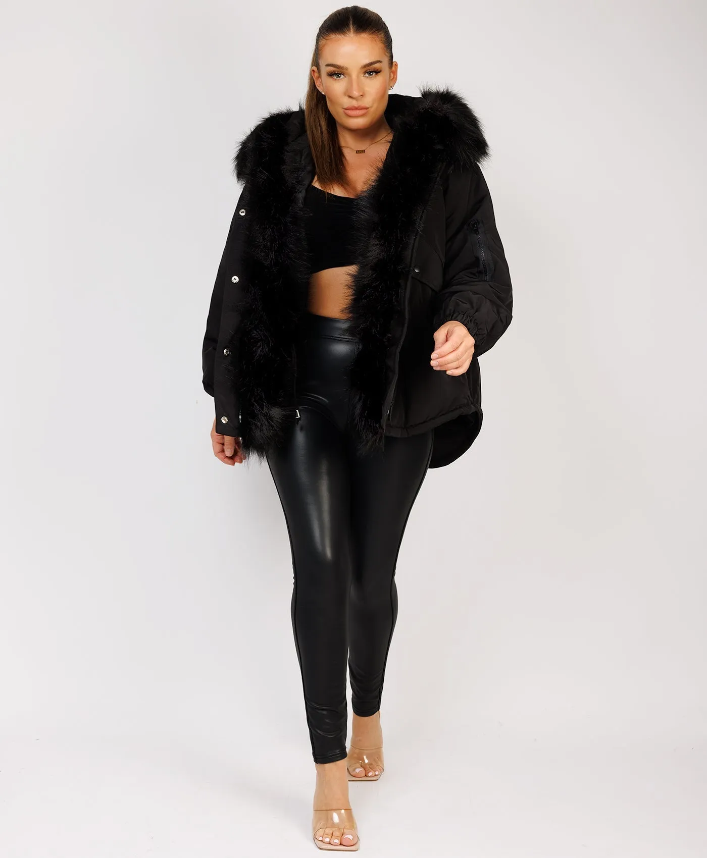 Black Faux Fur Trim Oversized Hooded Jacket