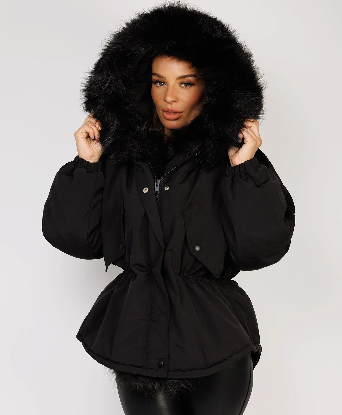 Black Faux Fur Trim Oversized Hooded Jacket