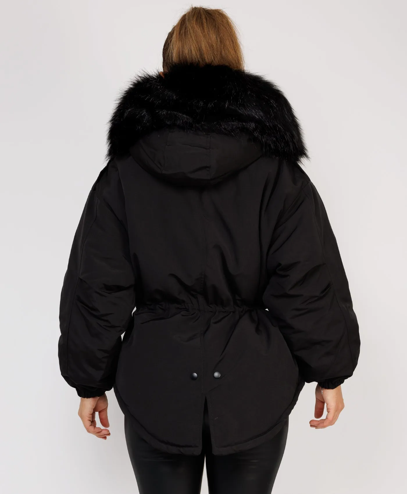 Black Faux Fur Trim Oversized Hooded Jacket