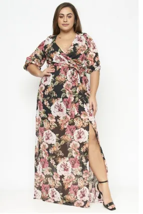 Black Floral Chiffon Plus Size Maxi Dress