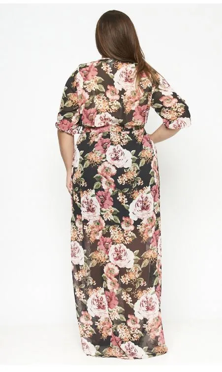 Black Floral Chiffon Plus Size Maxi Dress