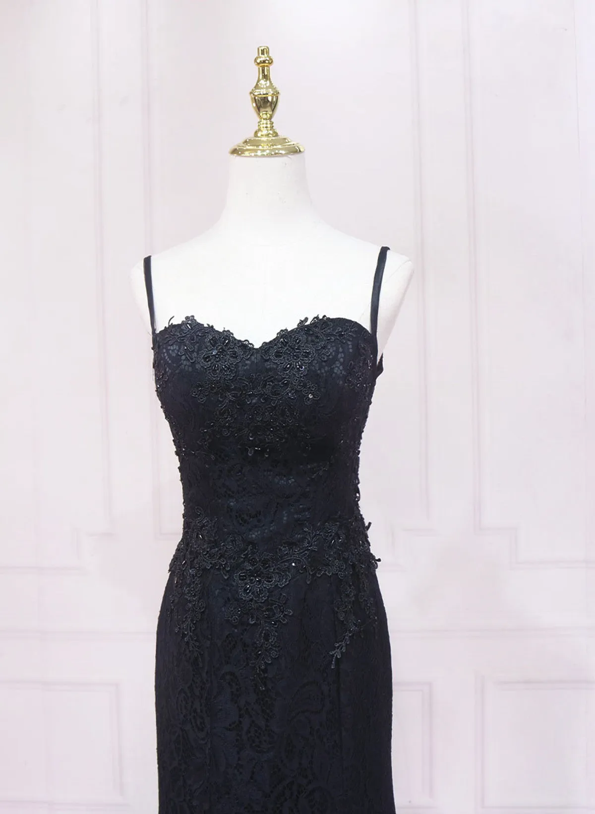 Black Lace Mermaid Straps Sweetheart Evening Dress, Black Long Prom Dress