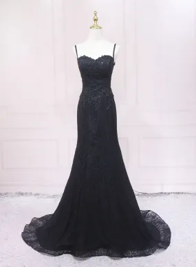 Black Lace Mermaid Straps Sweetheart Evening Dress, Black Long Prom Dress