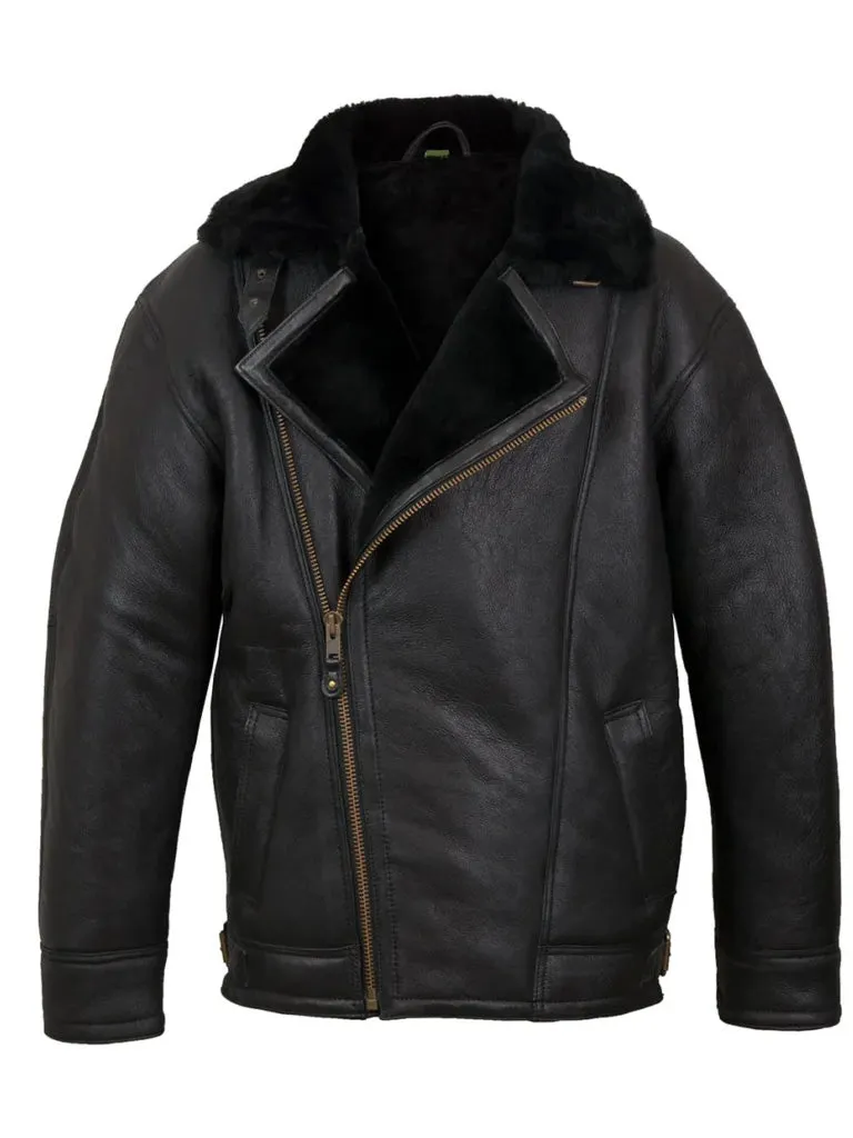 Black Lapel Style Shearling Leather Jacket