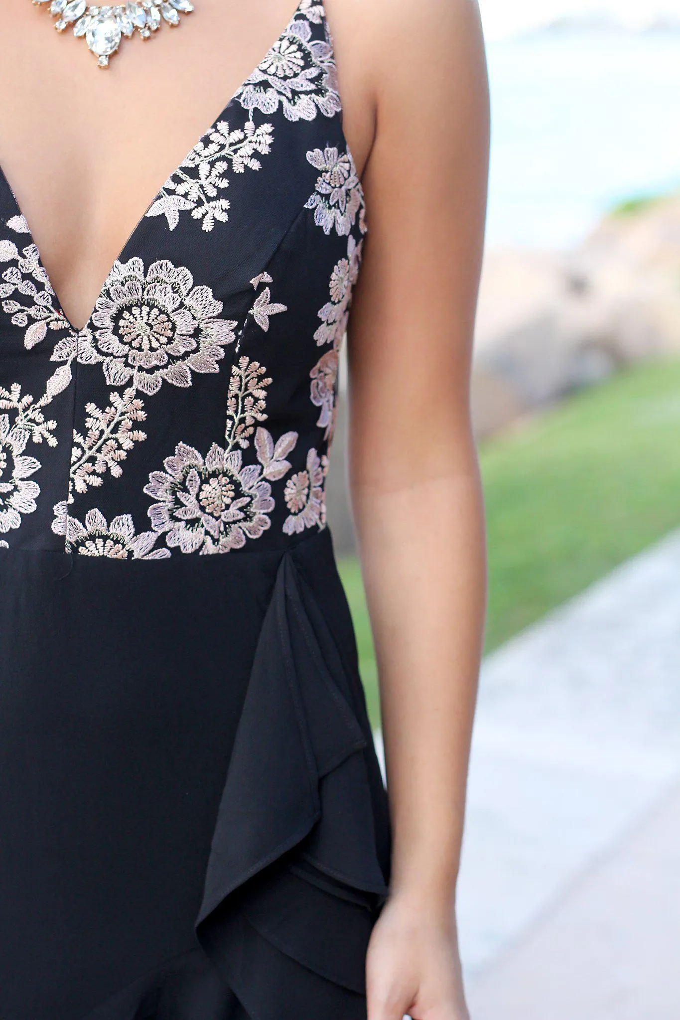 Black Maxi Dress with Embroidered Top