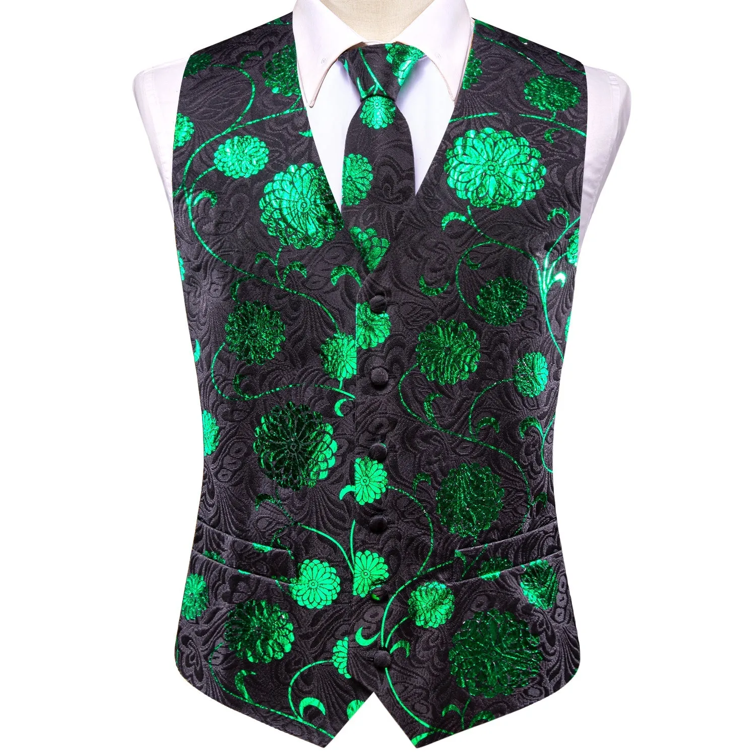 Black Parekeet Green Floral Jacquard Silk Men's Vest Hanky Cufflinks Tie Set