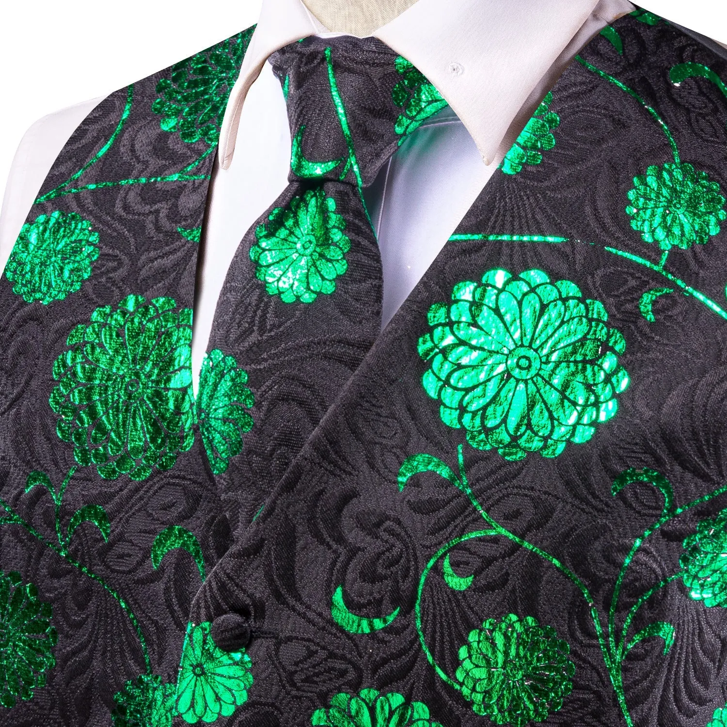 Black Parekeet Green Floral Jacquard Silk Men's Vest Hanky Cufflinks Tie Set