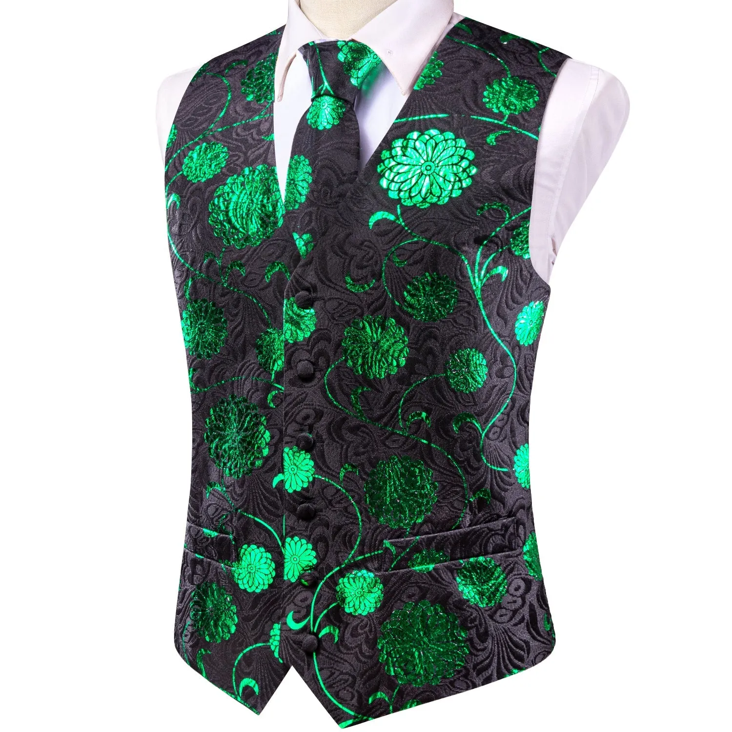 Black Parekeet Green Floral Jacquard Silk Men's Vest Hanky Cufflinks Tie Set