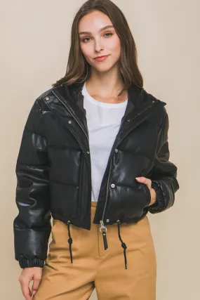 Black PU Faux Leather Puffer Jacket With Snap Closure