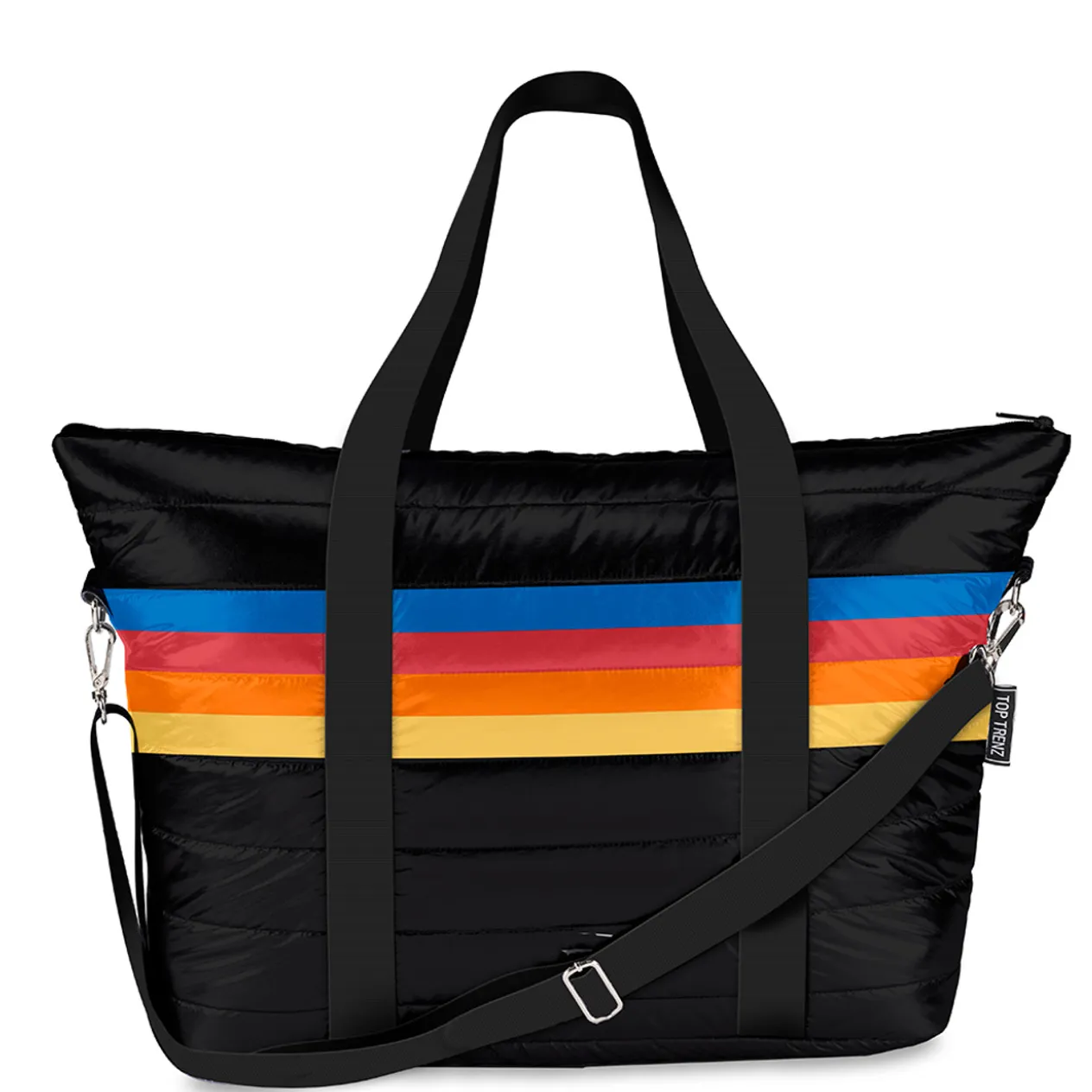 Black Puffer Tote Bag Retro Stripe