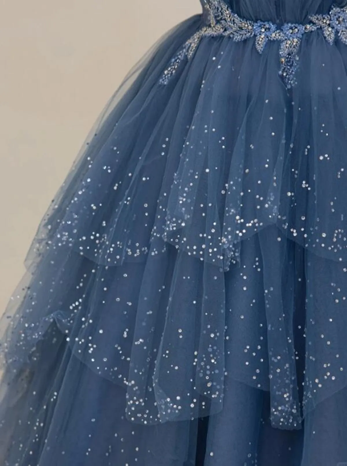 Blue A-line Beaded Layers Tulle Long Formal Dress, Blue Unique Long Prom Dress