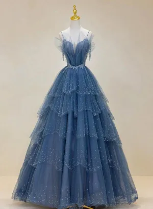 Blue A-line Beaded Layers Tulle Long Formal Dress, Blue Unique Long Prom Dress