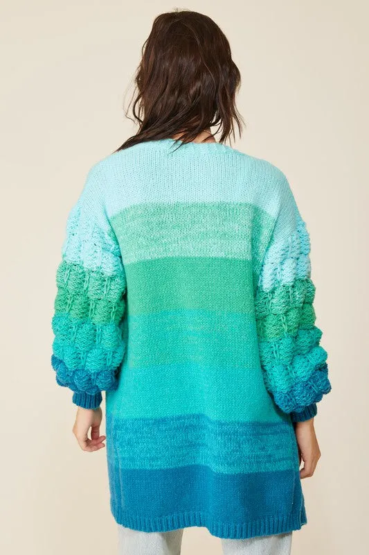 Blue Combo Open Front Cable Knit Multi Color Ombre Cardigan