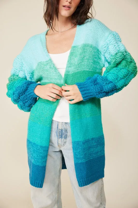 Blue Combo Open Front Cable Knit Multi Color Ombre Cardigan