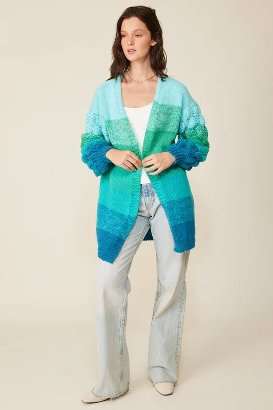 Blue Combo Open Front Cable Knit Multi Color Ombre Cardigan