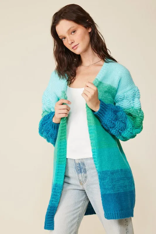 Blue Combo Open Front Cable Knit Multi Color Ombre Cardigan