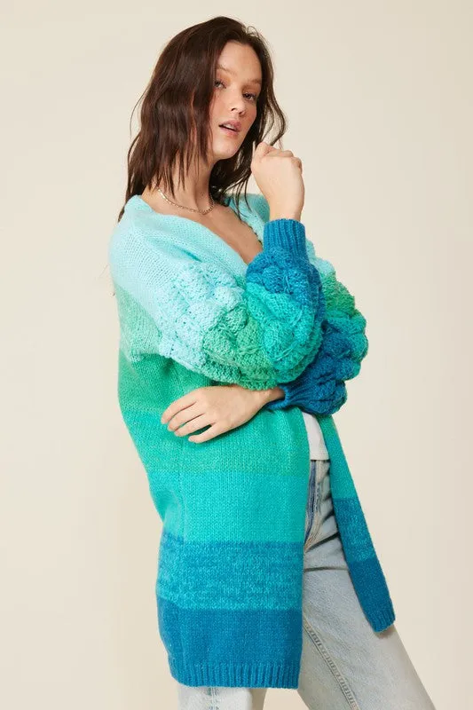 Blue Combo Open Front Cable Knit Multi Color Ombre Cardigan