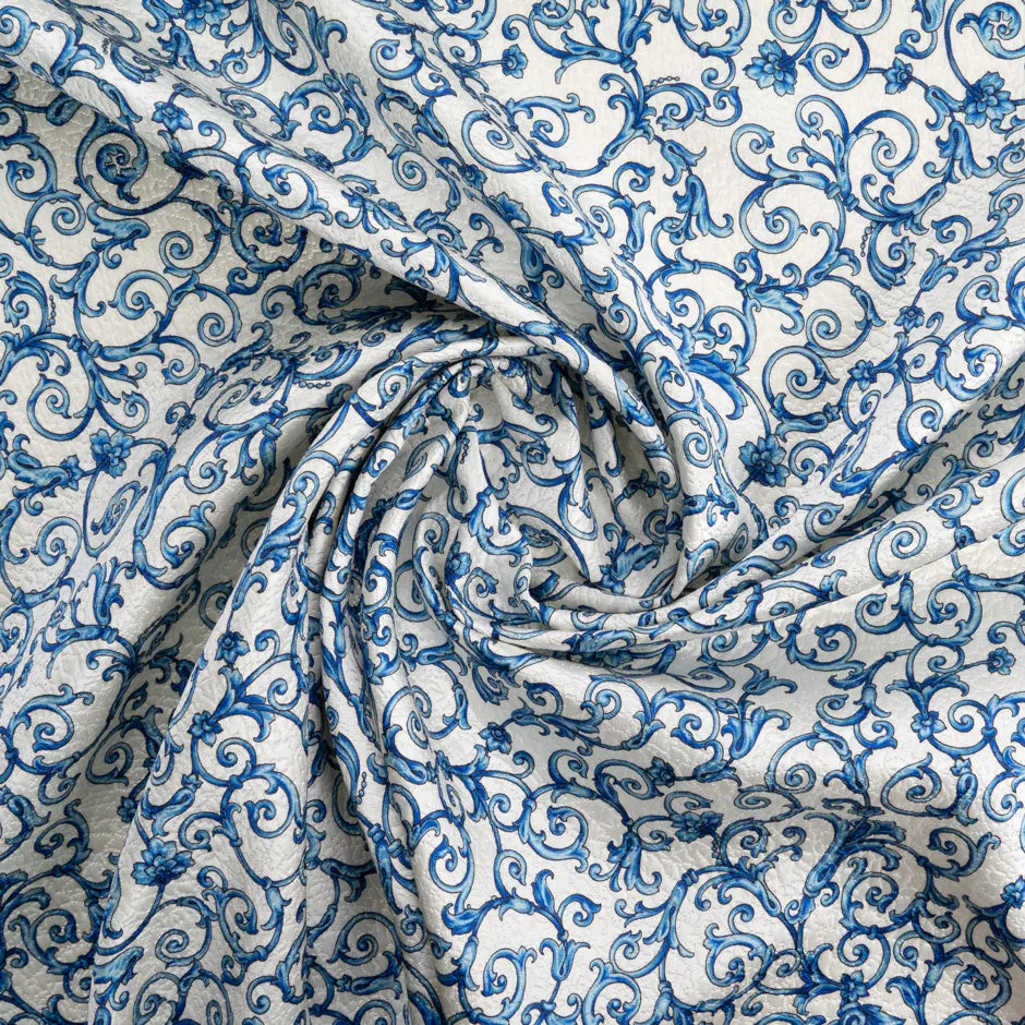 Blue 'Fleur de Lis' Cotton & Silk Blend Cloqué