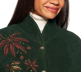 Bob Mackie Embroidered Fleece Jacket with Quilted Collar Medium, Color Spruce